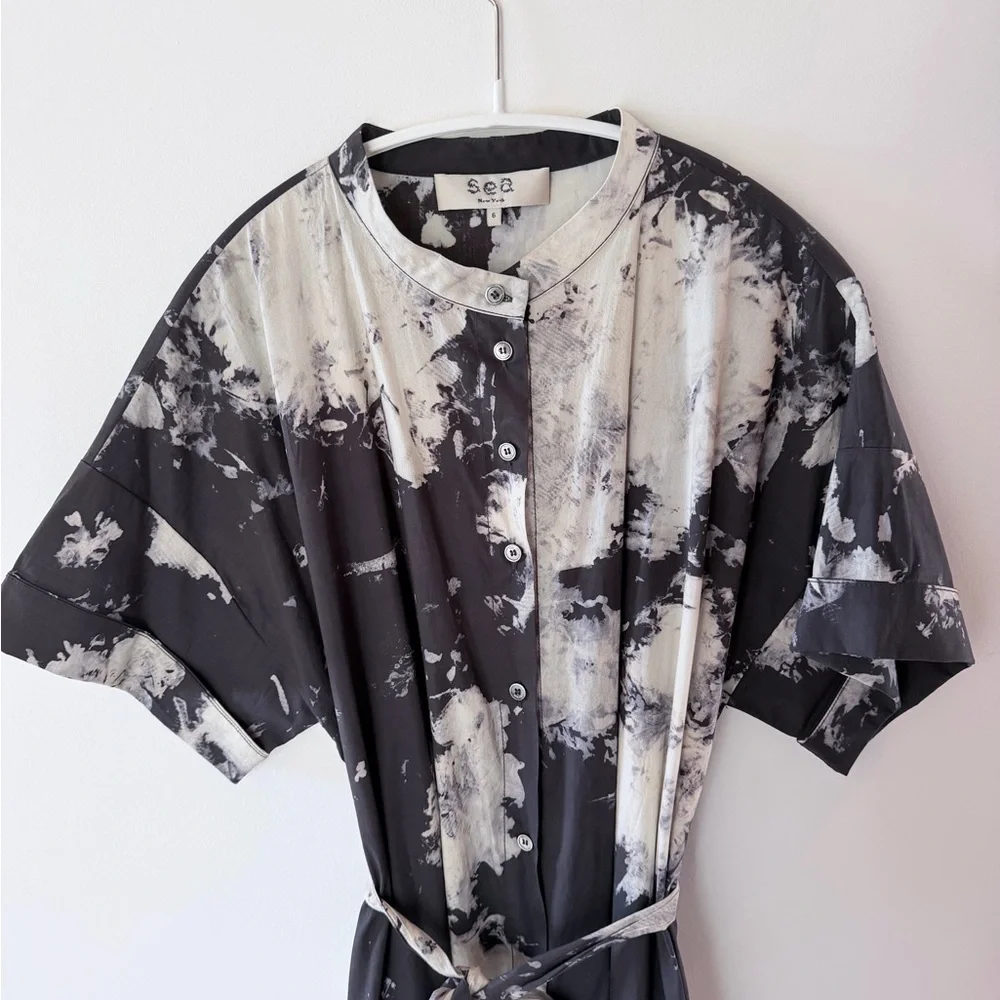 Sea NY Tie-Dye Black and White Shirt Dress with Belt - Picture 2 of 4